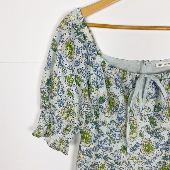 Avec Les Filles Floral Eyelet Puff Sleeve Mini Dress Size Medium Blue Green - Picture 5 of 10